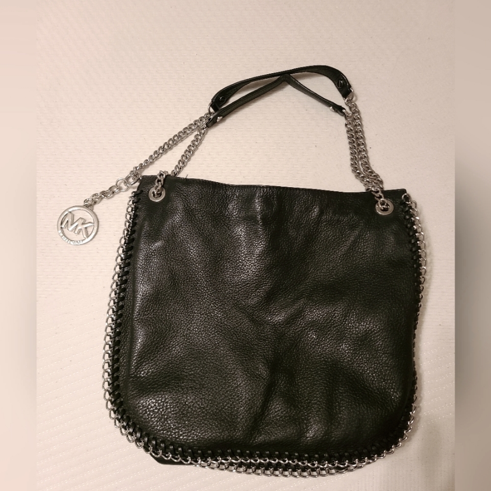 Michael Kors Shoulder Bag Large Black Leather Chain Strap Trim Chelsea